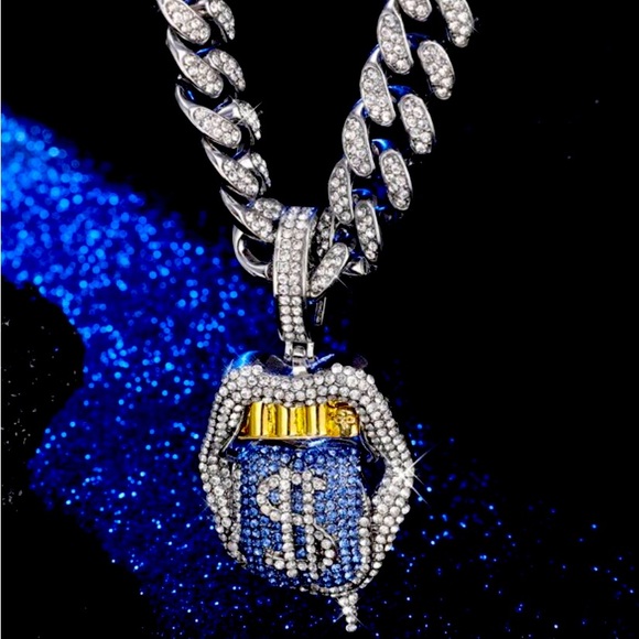 Tongue Creative Pendant Necklace, Iced Out Bright Charm - Picture 1 of 4